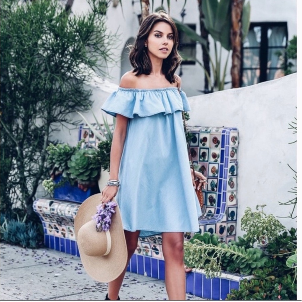 Zara Off the shoulder Chambray Ruffle mini dress size medium